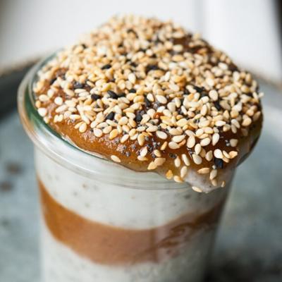 Chia seeds recipe with oriental date cream and toasted sesame seeds