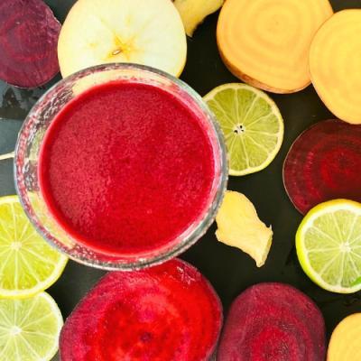 Beetroot juice with golden beet, apple, lime, and ginger