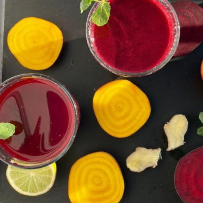 Beetroot juice with golden beet, apple, lime, and ginger