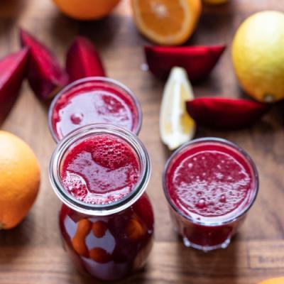 Beetroot juice with orange, lemon, and a pinch of salt
