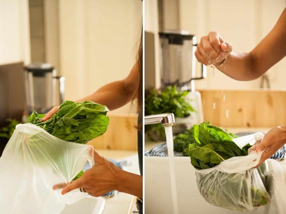 Collage of 2 pictures showing a few drops of water being poured onto loose spinach in a bag.