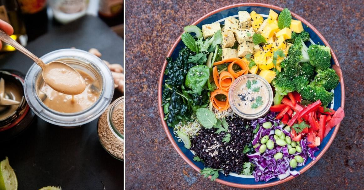 Buddha Bowl recipe with black rice, edamame, broccoli and miso dressing