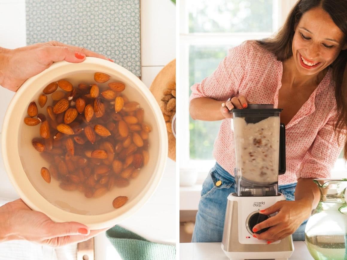 12 hours soaked almonds are pureed with fresh water in the Bianco Primo