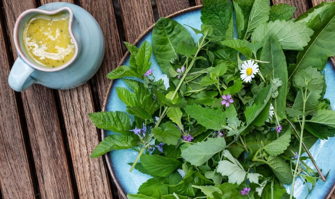 White balsamic mustard vinaigrette with wild herb salad