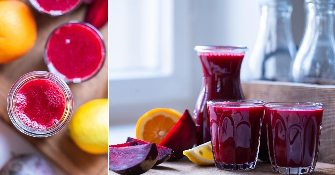 Making beetroot juice at home - glasses and bottles filled with deep red beetroot juice