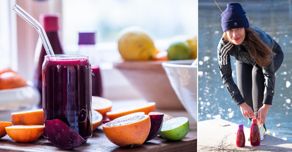 Left: Beetroot juice in glasses; right: Endurance athlete with freshly pressed beetroot juice for better performance.