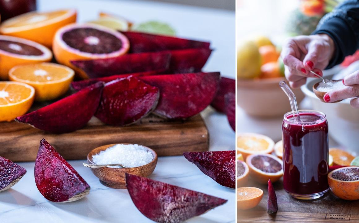 Runner prepares freshly pressed beetroot juice and adds a pinch of salt to support electrolyte balance during training