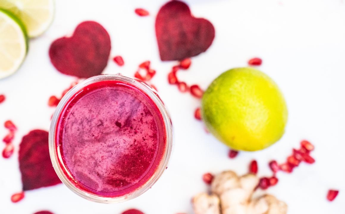 Favourite beetroot juice recipe with pomegranate, lime, ginger