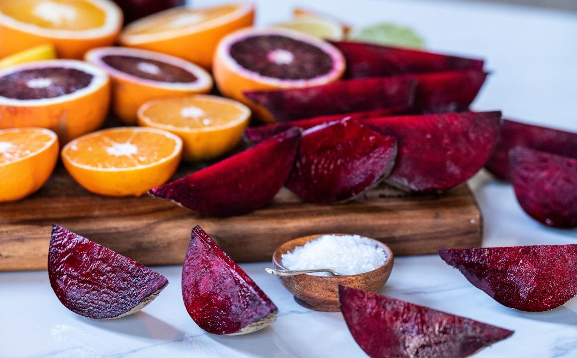 Orange, lime, lemon with quarters of beetroot