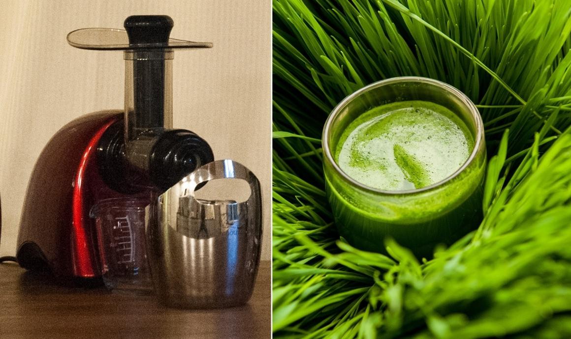 Preparing wheatgrass juice in Sana Juicer707