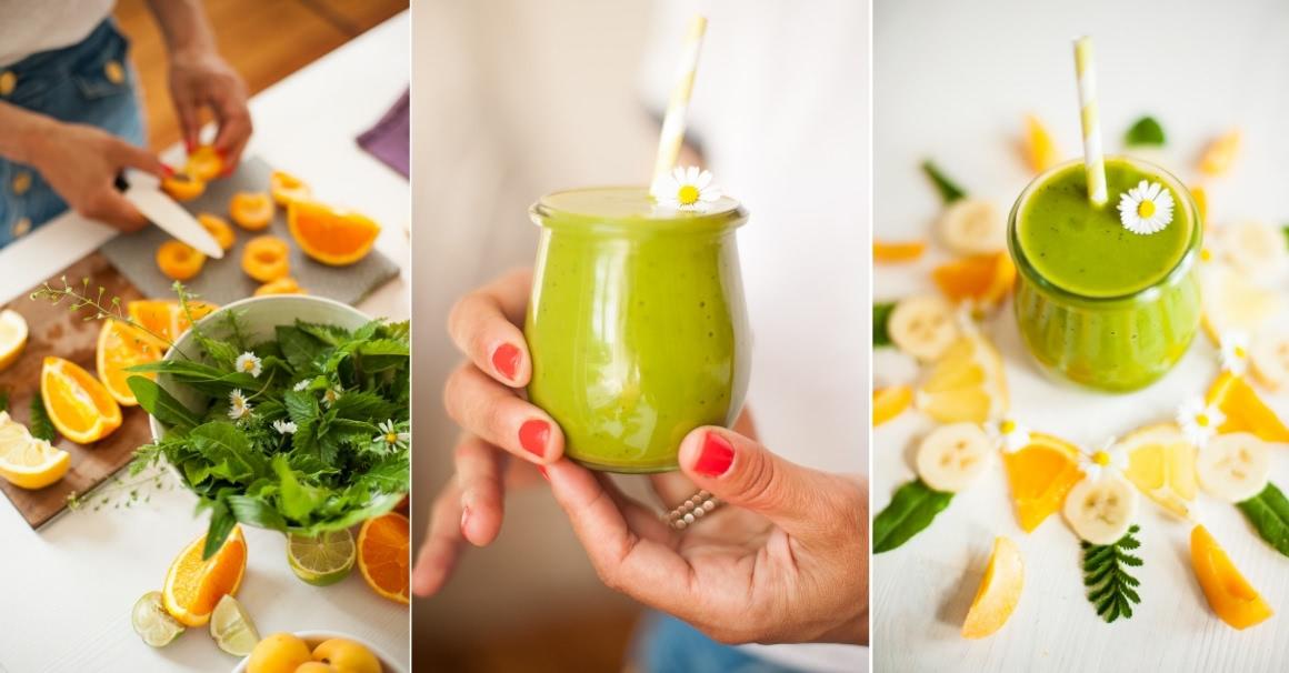 Wild herb walk 2s collage: left wild herb smoothie with dandelion; right: Svenja collects wild herbs in Kreuzberg backyard.