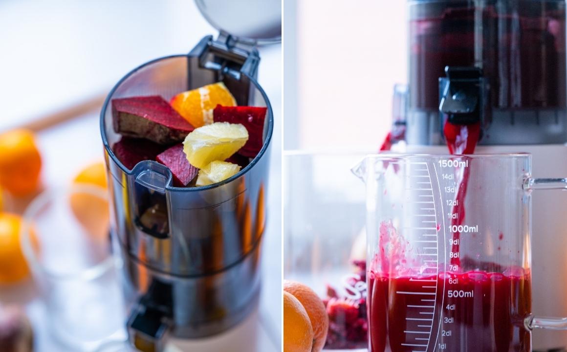 Filling the hopper of the Hurom E30-ST and then collecting the freshly squeezed juice