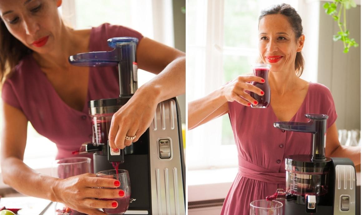 Carla enjoys beetroot juice from the Sana Juicer-828