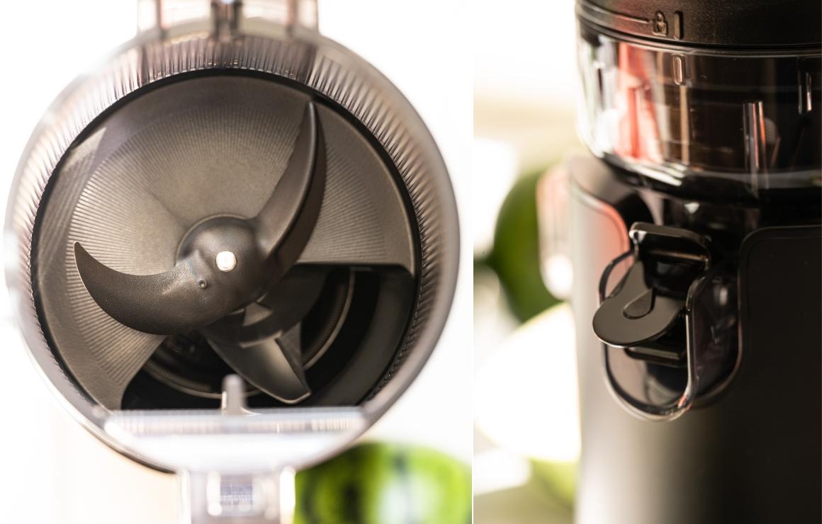 2-part collage: left, view into the feeding chamber of the rotating blades; right, close-up side view of the juice outlet flap