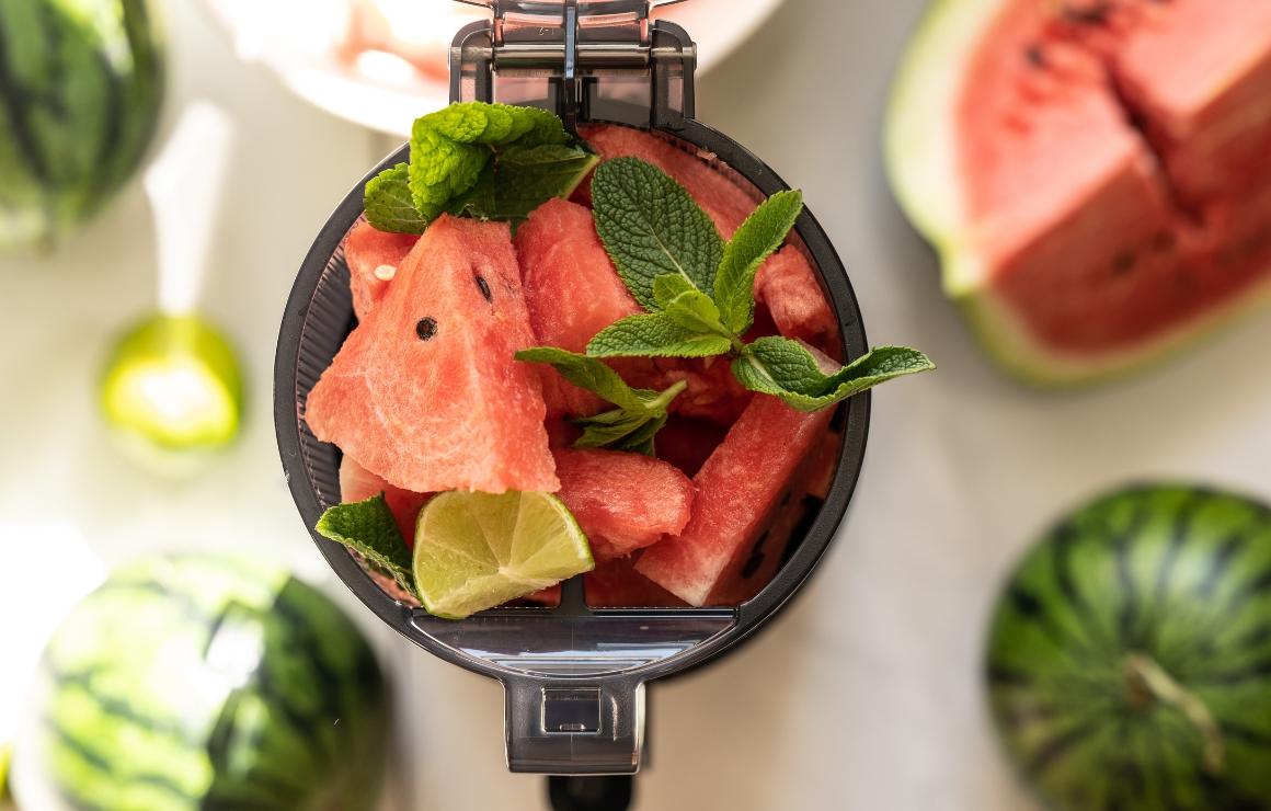 Viasus Flow M feeding chamber filled with watermelon pieces, view from above